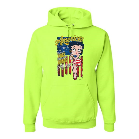 Wild Bobby, Betty Boop America Land of the Free Home of the Brave Betty Boop Unisex Hoodie Sweatshirt, Safety Green, Medium