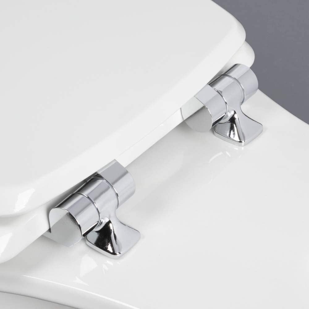 Mayfair Benton® Round Enameled Wood Toilet Seat in White Never Loosens and Soft Close Chrome Hinge