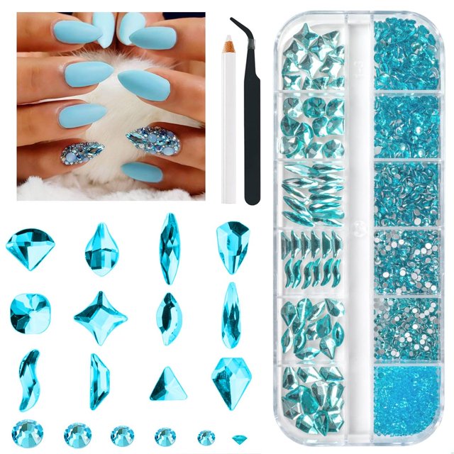Qiipii 2052 piezas de diamantes de imitación de aguamarina para uñas, piedras azules agua para uñas, 72 gemas grandes de múltiples formas 1980 cuentas redondas con parte trasera plana, cristal K9, cr