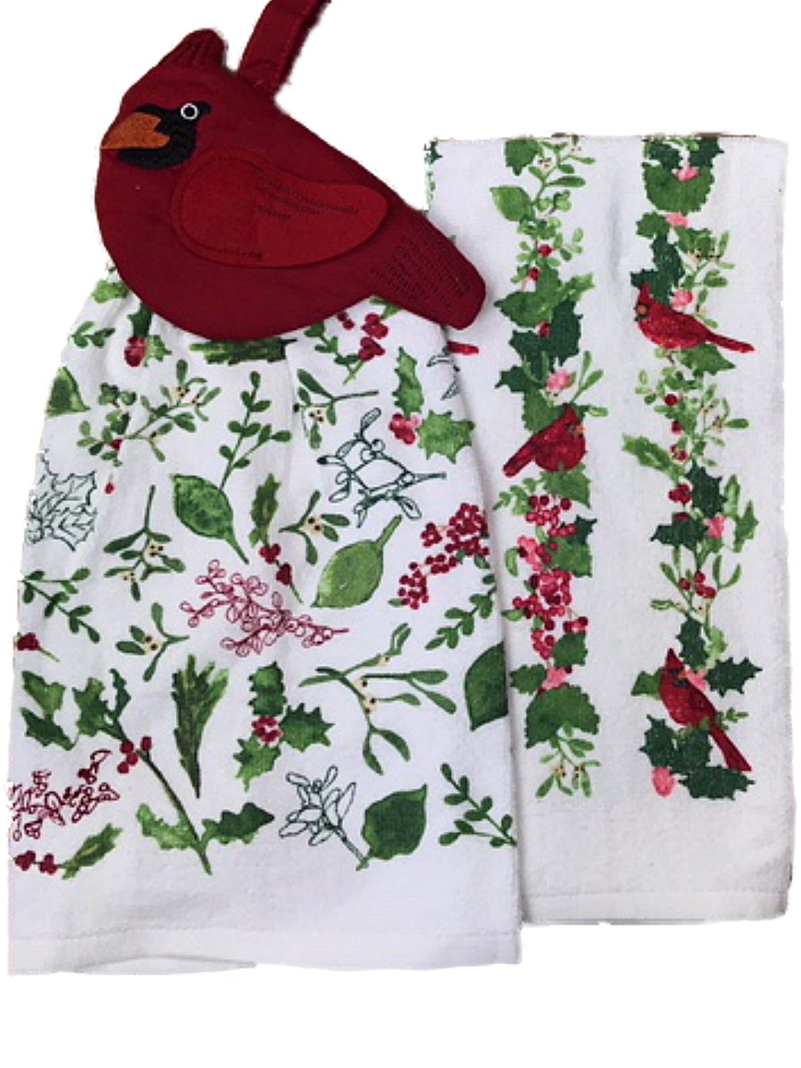 Flat Weave Front Cardinal Christmas Kitchen Towel Terry Back JOY Pine Trees