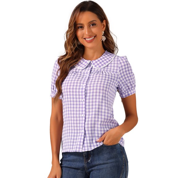 DARING DIVA Women's Gingham Top Peter Pan Collar Plaid Shirt XS Purple