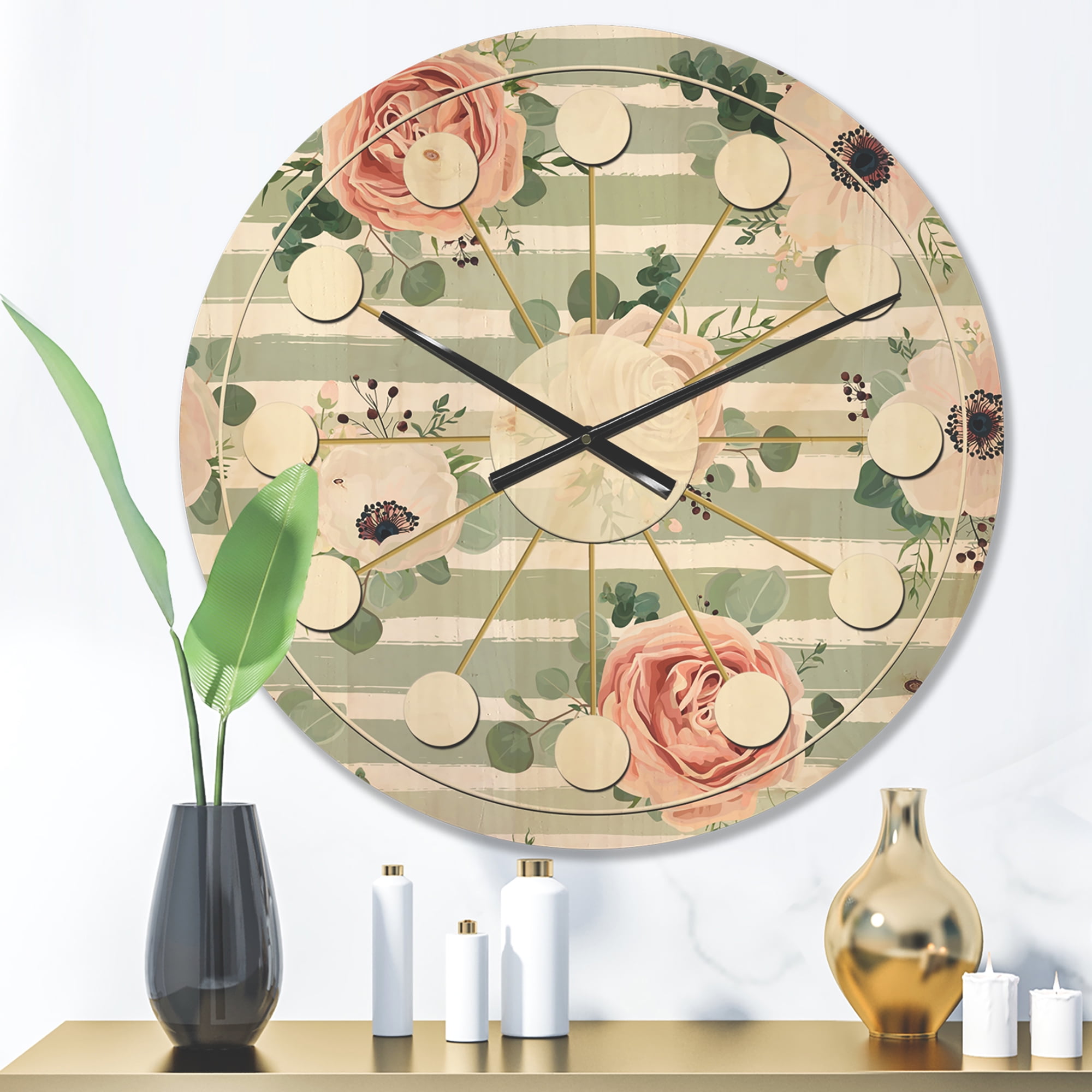 Designart 'Retro Pattern Over Floral III' Mid-Century Modern Wood Wall Clock