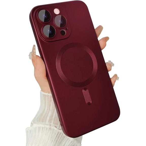Magnetic for iPhone 15 Pro Max Phone Case for Women, Matte Luxury Soft Metallic Luster Design with Camera Lens Protector, Compatible with Magsafe Case for iPhone 15 Pro Max 6.7"-Red Wine