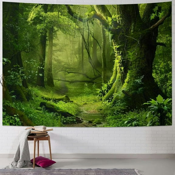 Creowell Virgin Forest Tapestry Green Tree in Misty Forest Tapestry Wall Hanging Nature Scenery Wall Tapestry Decor for Living Room Bedroom (Multi Size, Green Trees) Painting