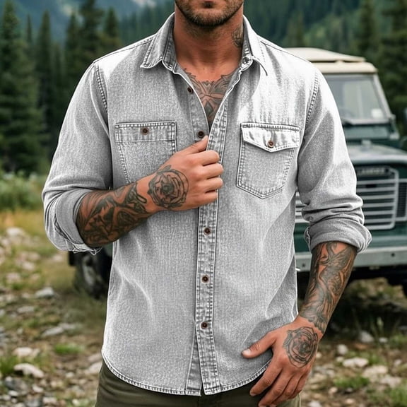 Men's Shirts Long Sleeve Button Down with Pocket Big and Tall Solid Turndown Collar Casual Button Front Zipper Blouse