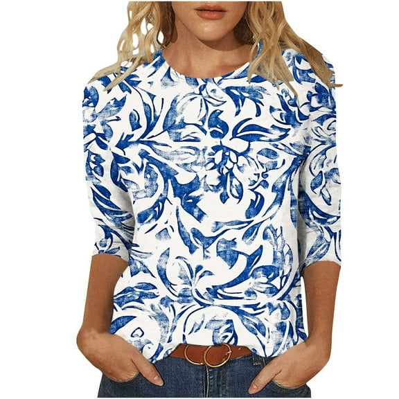 CYMMPU Summer Trendy Shirts 3/4 Sleeve Spring Tops Loose Fit T-Shirts Crew Neck Blouses for Women Dressy Casual Floral Pattern Lightweight Basic Tees Multicolor XXL