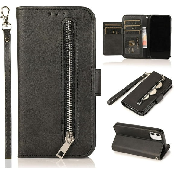 Wallet Case Compatible with iPhone 12 Mini 5.4 inch 2020, 5 Card Slots Magnetic Closure Zipper Pocket Handbag PU Leather Flip Case with Wrist Strap TPU Kickstand Cover - Black