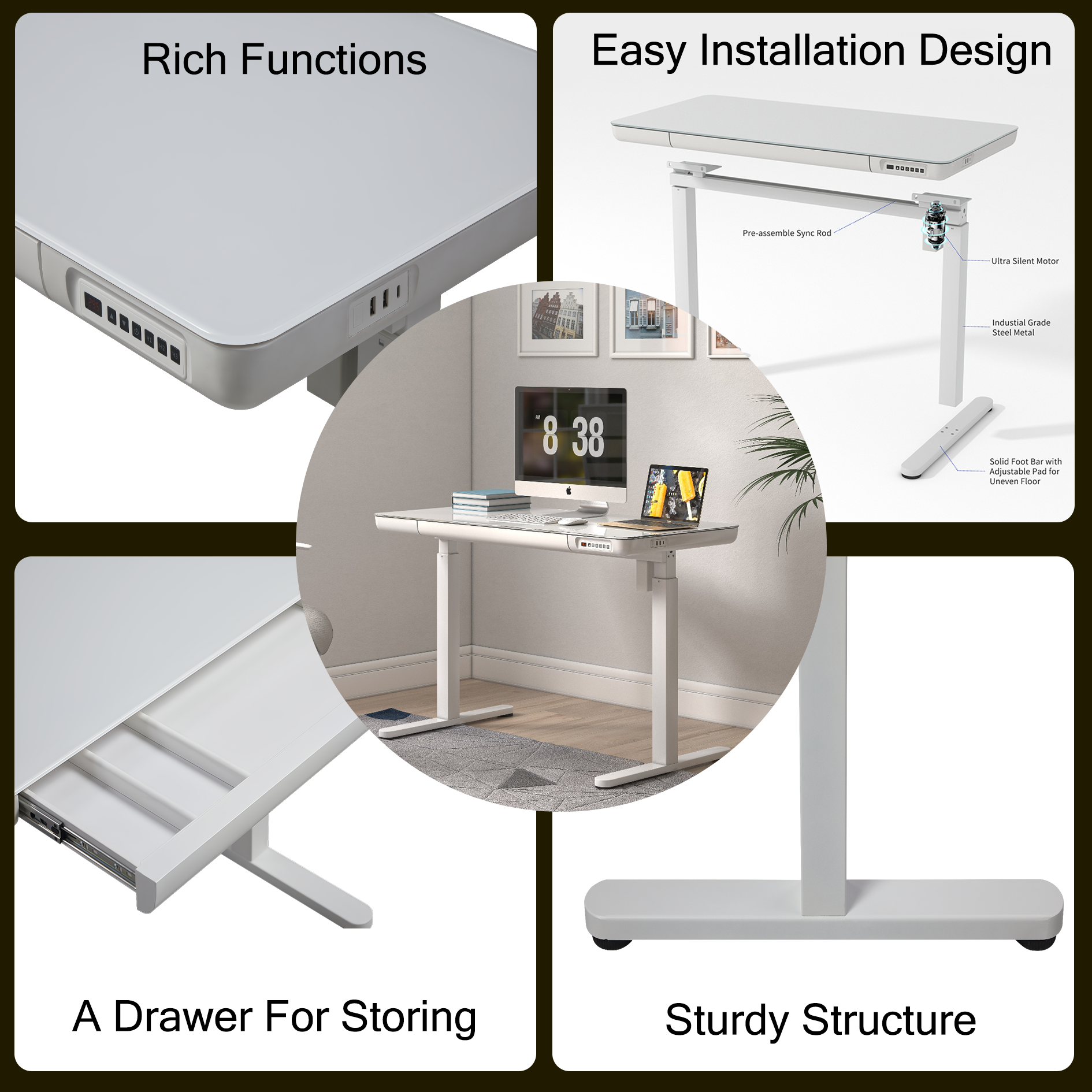 KOWO K302 Adult Tempered Glass Electric Height Adjustable Standing Desk with Drawer, 23.6 in x 47.2 in, White, 1 Pack