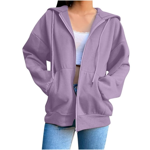 PEZHADA Fall Savings Women Lightweight Thin Zip-Up Hoodie Jacket Solid Plus Size Long Sleeve Drawstring Hooded Sweatshirt with Pocket Purple