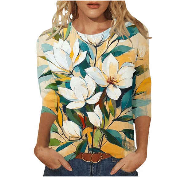 Plus Size 3/4 Sleeve Tops for Womens 2025 Summer Scooped Neck Tees Shirts Cute Floral Printed Tunics Blouses Loose Relaxed Fit T Shirts Going Out Beach Holiday Clothes