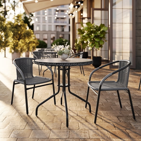 Flash Furniture 28'' Round Glass Metal Table with Gray Rattan Edging and 2 Gray Rattan Stack Chairs