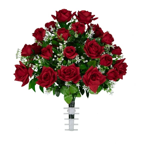 Sympathy Silks Artificial Cemetery Flowers - Red Diamond Rose With Baby's Breath - Bouquet for Vase