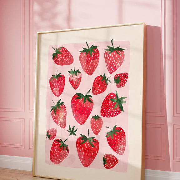 Pink Strawberries Art Print: Vintage Kitchen Decor UNFRAMED PAPER POSTER, Home Decor, Vintage Gift, Living Room Dercor