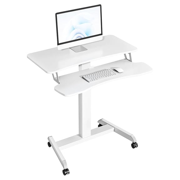 Mobile Workstation, Height Adjustable Desk 31.2"x27.5", Rolling Computer Stand with Wheels, Dual Tier Mobile Standing Desk for Office, Classroom, White