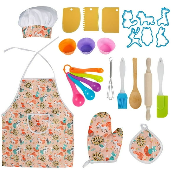 POINTERTECK 26Pcs Kids Cooking and Baking Set Chef Role Play Costume Set with Apron Chef Hat Cooking Baking Tools