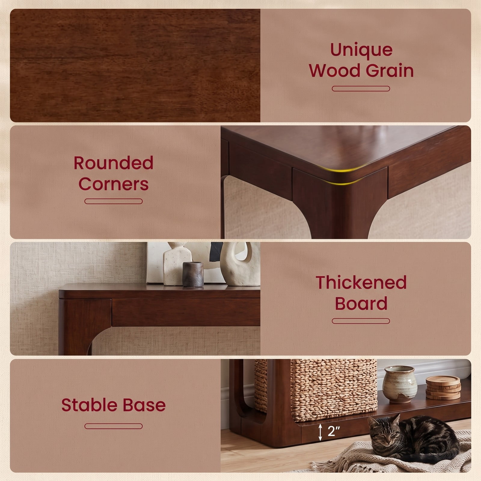 Furnibear 2-Tier Mid Century Wood Console Table with Open Storage Shelf and Solid Rubber Wood Frame for Foyer and Hallway, Brown