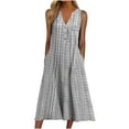 thumbnail image 1 of Robe Sans Manches pour Femmes Mode Féminine Décontractée Sans Manches à Col en V Boutonnée à Rayures Imprimées avec Poche Robe Maxi, 1 of 8