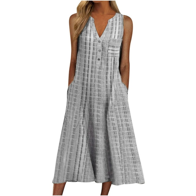 Robe Sans Manches pour Femmes Mode Féminine Décontractée Sans Manches à Col en V Boutonnée à Rayures Imprimées avec Poche Robe Maxi