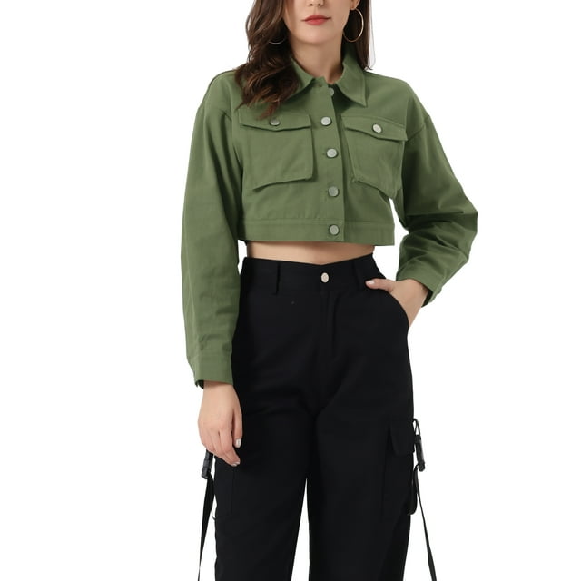 Chaqueta de cargo de mezclilla casual de manga larga con botones para mujer INSPIRE CHIC en verde oliva XS