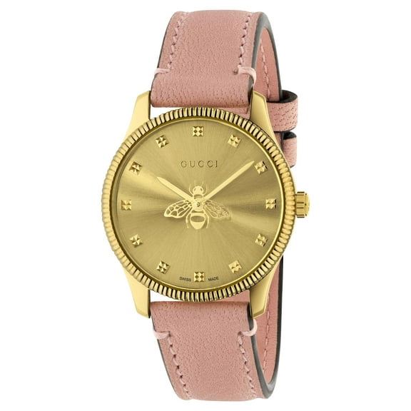 Gucci G-Timeless Yellow Gold PVD Gold Dial Pink Leather Strap Quartz Womens Watch YA1265041