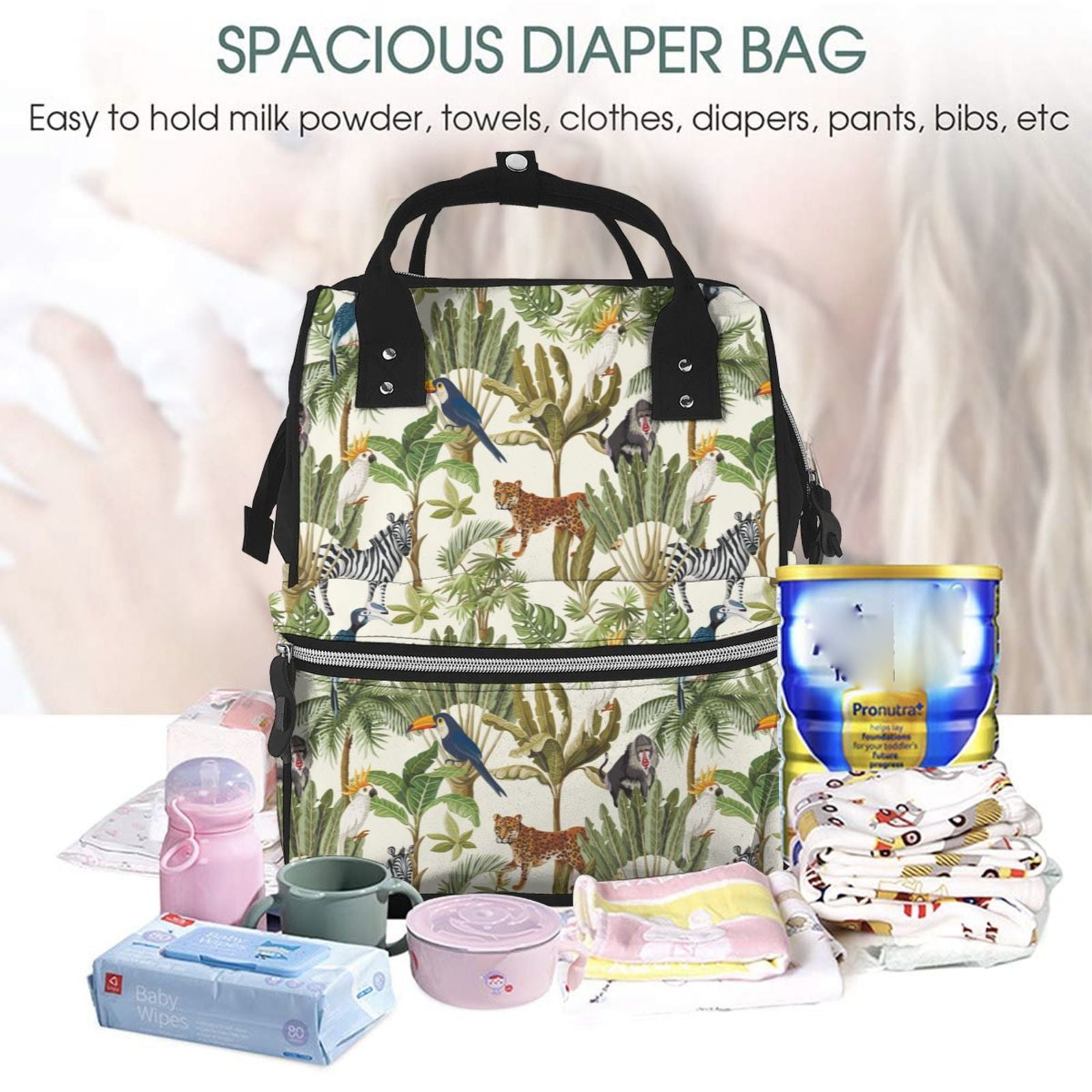 Ratiio Jungle Animals Mummy Backpack - Waterproof Twill Canvas, Large Capacity Diaper Bag with Multiple Pockets and Adjustable Straps