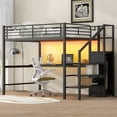 thumbnail image 2 of EUROCO Modern Metal Full Size Loft Bed with Wardrobe, Shelf and Desk with LED Light, Storage Staircase for Kids Teens, Black, 2 of 14