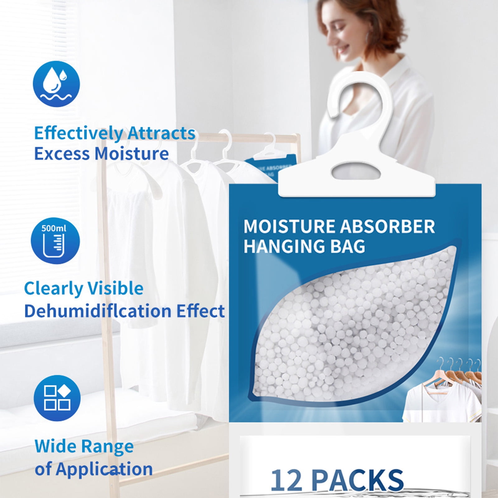 Moisture Absorbers,Hanging Closet Dehumidifier Bags, Humidity Packs,Desiccant, Closet Dehumidifiers,8 Pack,500ml