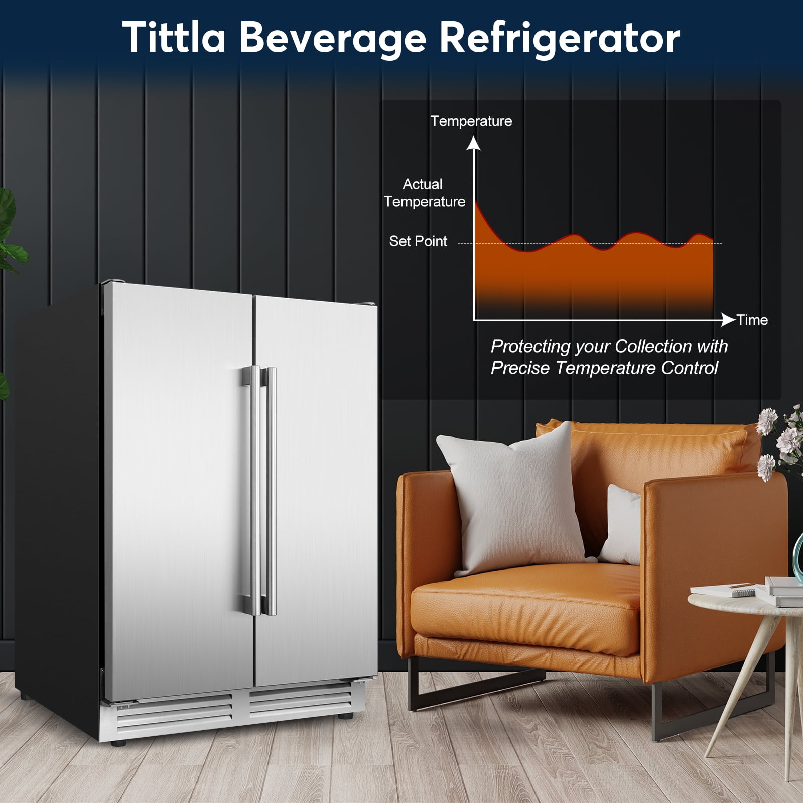 TITTLA  Beverage Refrigerator,24 Inch Wide,Dual Zone 120 Cans Built in Wine Fridge Cooler,Double Stainless Steel Doors