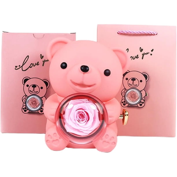 Caja de oso rosa real preservada | Caja de rosas de flores eternas | Caja de rosa y oso real preservada | Caja de regalo de oso rosa | Rosa roja para siempre en caja de oso | Joyero de rosas para Navi