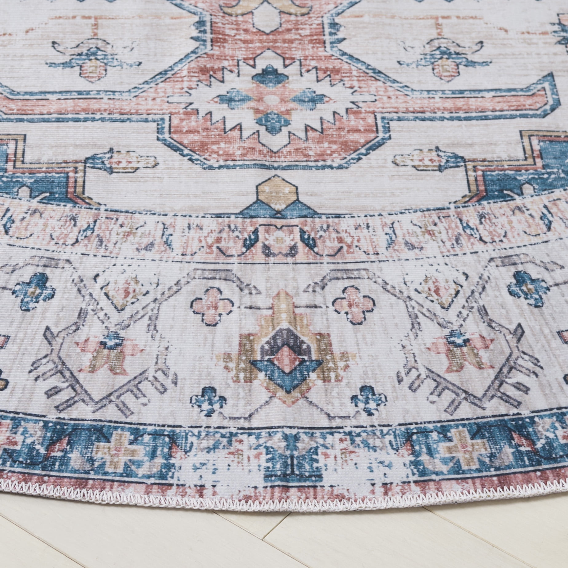 SAFAVIEH Arizona Tegan Oriental Polyester Machine Washable Area Rug, Beige/Light Blue, 6' x 6' Round