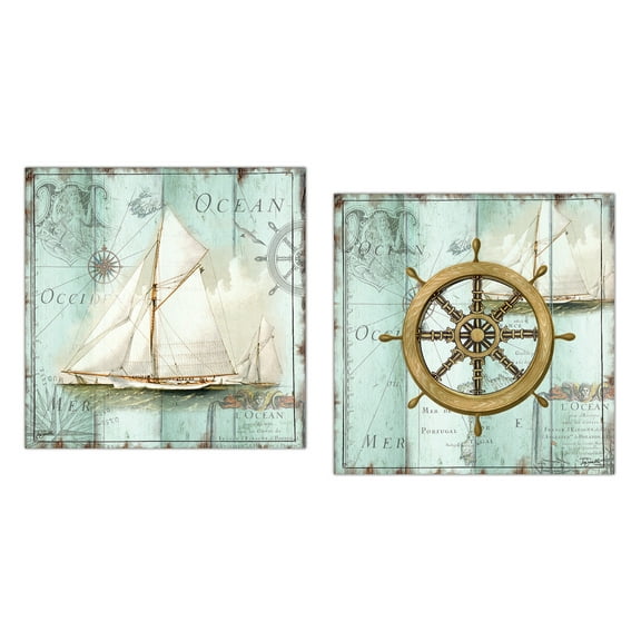 Antique La Mer | Lovely Nautical Sailboat and Captain's Wheel Set by Tre Sorelle Studios; Two 12x12in Unframed Paper Prints