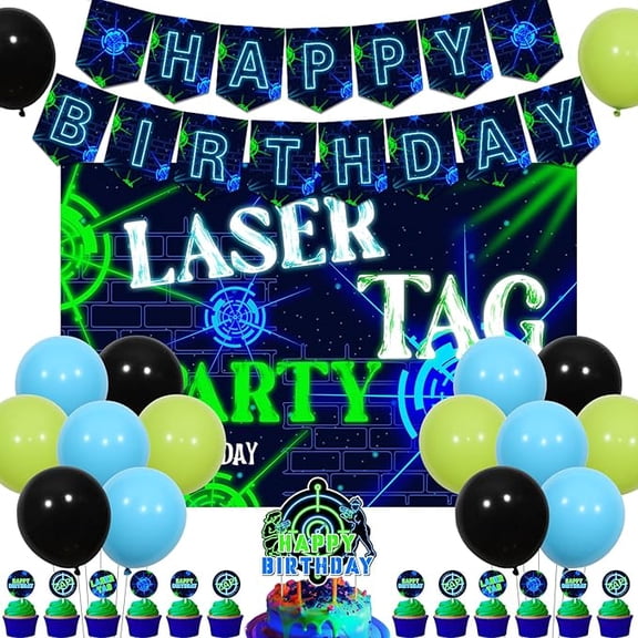 Laser Tag Birthday Decorations for Boys and Girls, Neon Themed Shooting Game Banner Backdrop Garland Cake Toppers and Balloons Bday Party Supplies