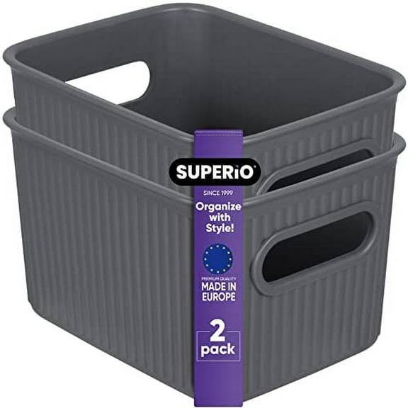 Superio Small Ribbed Plastic Storage Basket Organizer (2 Pack), 1.5 Mini Grey Closet Storage bin for Shelf, Pantry, Office, and Cosmetics