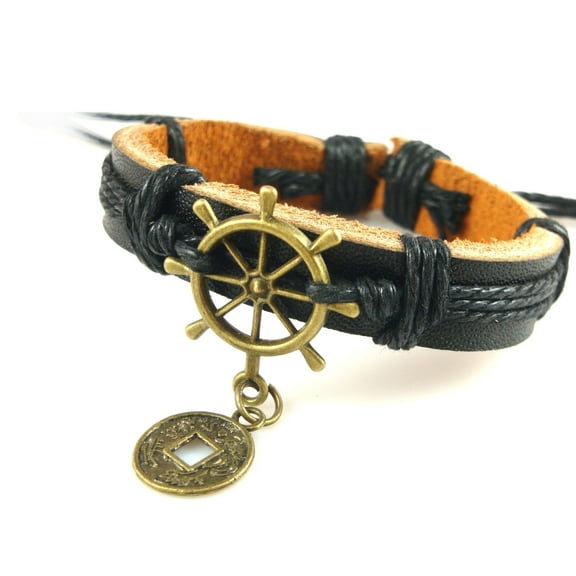 New Unisex Chrome & Genuine Leather Nautical Ship Wheel Bracelet Great Valentine's Day Gifts For Men, Women, Teens, Boys, Girls