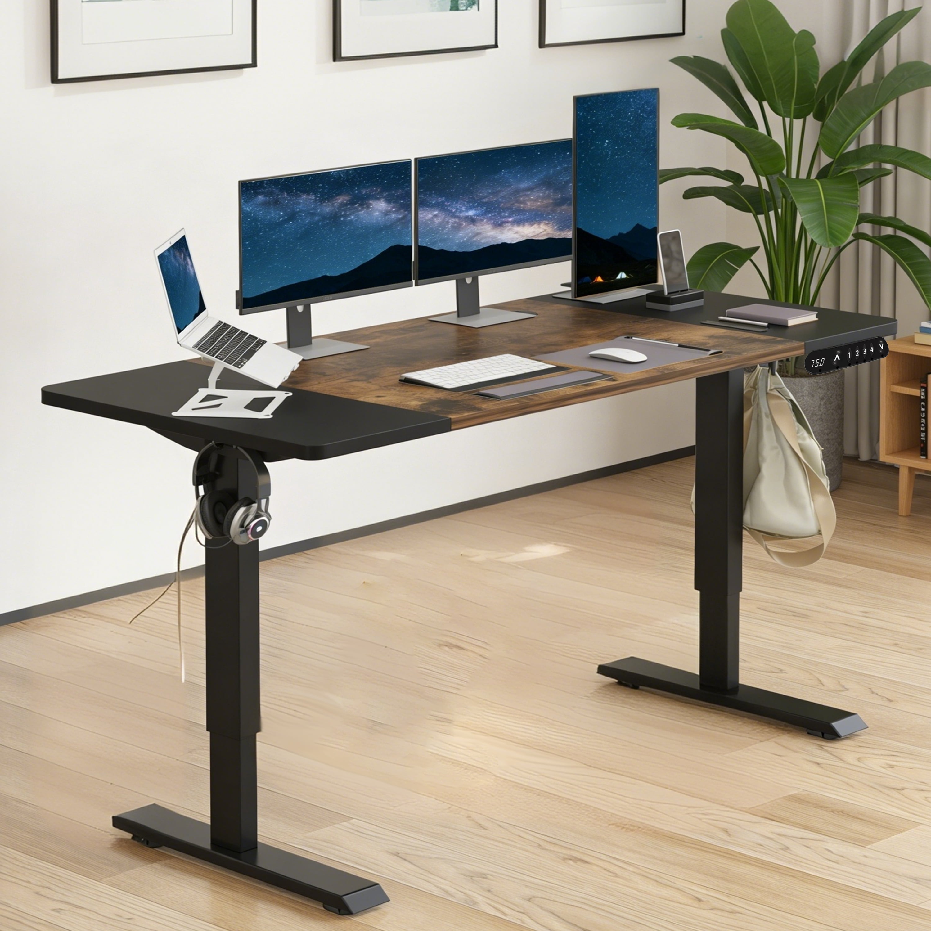 Electric Standing Desk 63x30 Inch, Height Adjustable Sit Stand Desk, Splice Board, 4 Memory Presets, Cable Basket, Side Hooks, Home Office Workstation, Rustic Brown