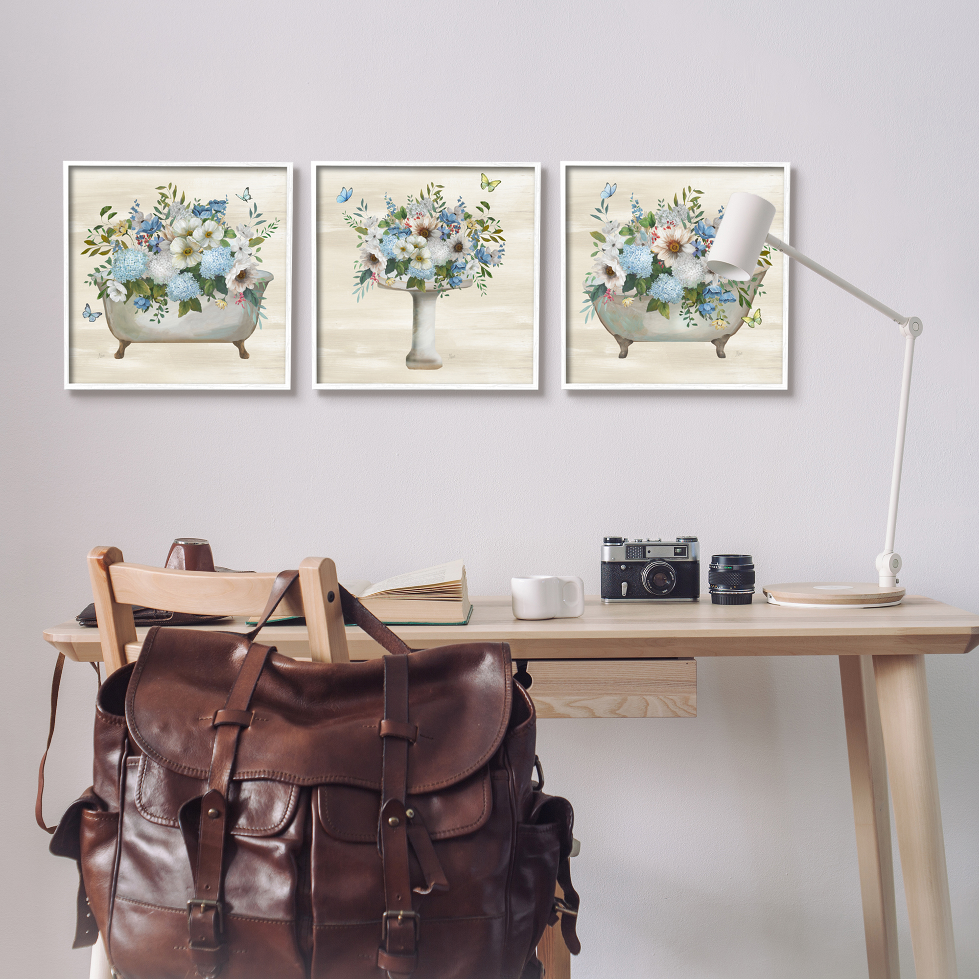 Stupell Industries Country Flower Bathroom Botanical & Floral Painting White Framed Art Print Wall Art, 17 x 17, Set of 3
