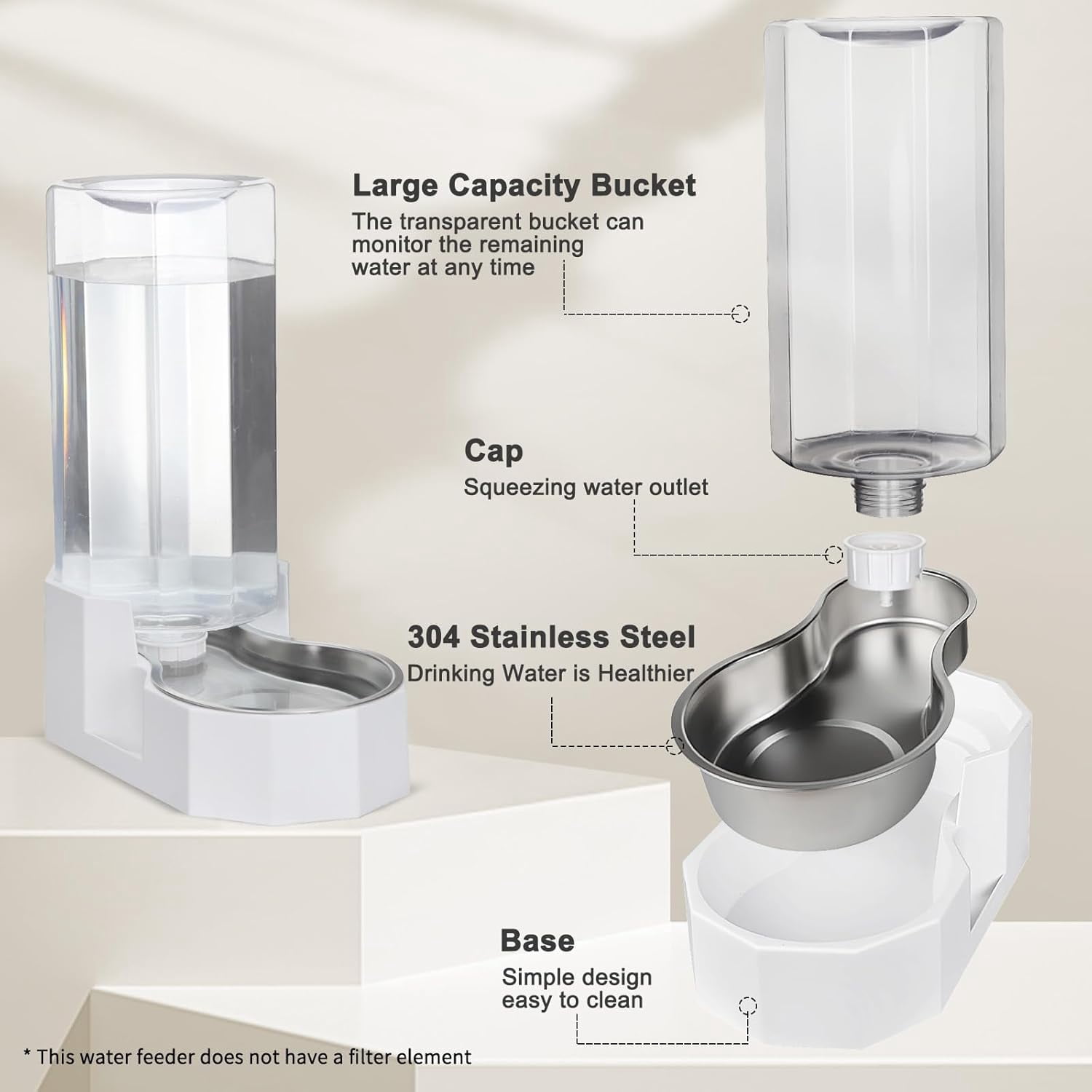 RIZZARI White 9L Automatic Pet Water Dispenser -  Stainless Steel Gravity Pet Feeder for Dogs and Cats Large Capacity