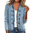 thumbnail image 5 of Vxararl Women Fashion Washed Denim Jean Jacket Ruffle Trim Long Sleeve Button‑Front Casual Trendy Lightweight Fall Outerwear with Hand Pockets for Women Blue L, 5 of 5