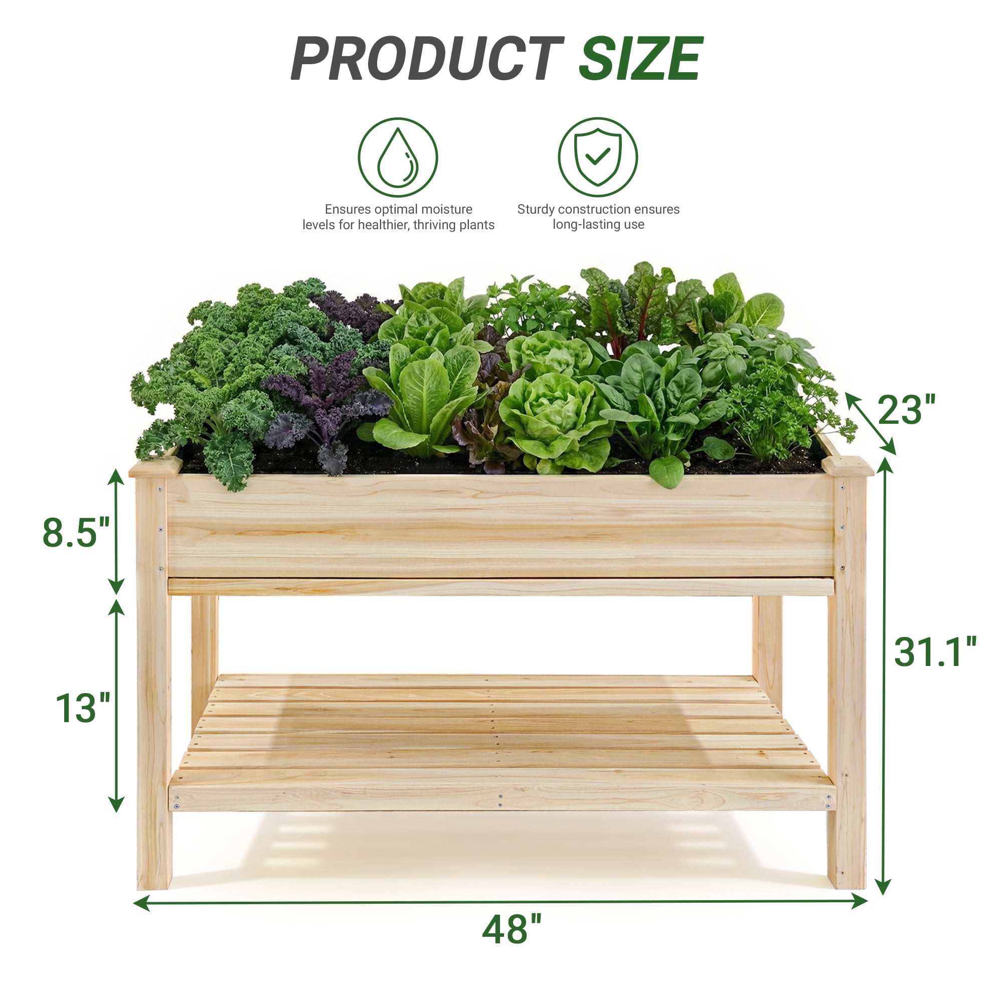 Raised Garden Bed 48x23x31.1 Inch, Elevated Wood Planter with Water Collection Tray & Storage Shelf, Outdoor Garden Box for Vegetables, Herbs, Flowers, Natural