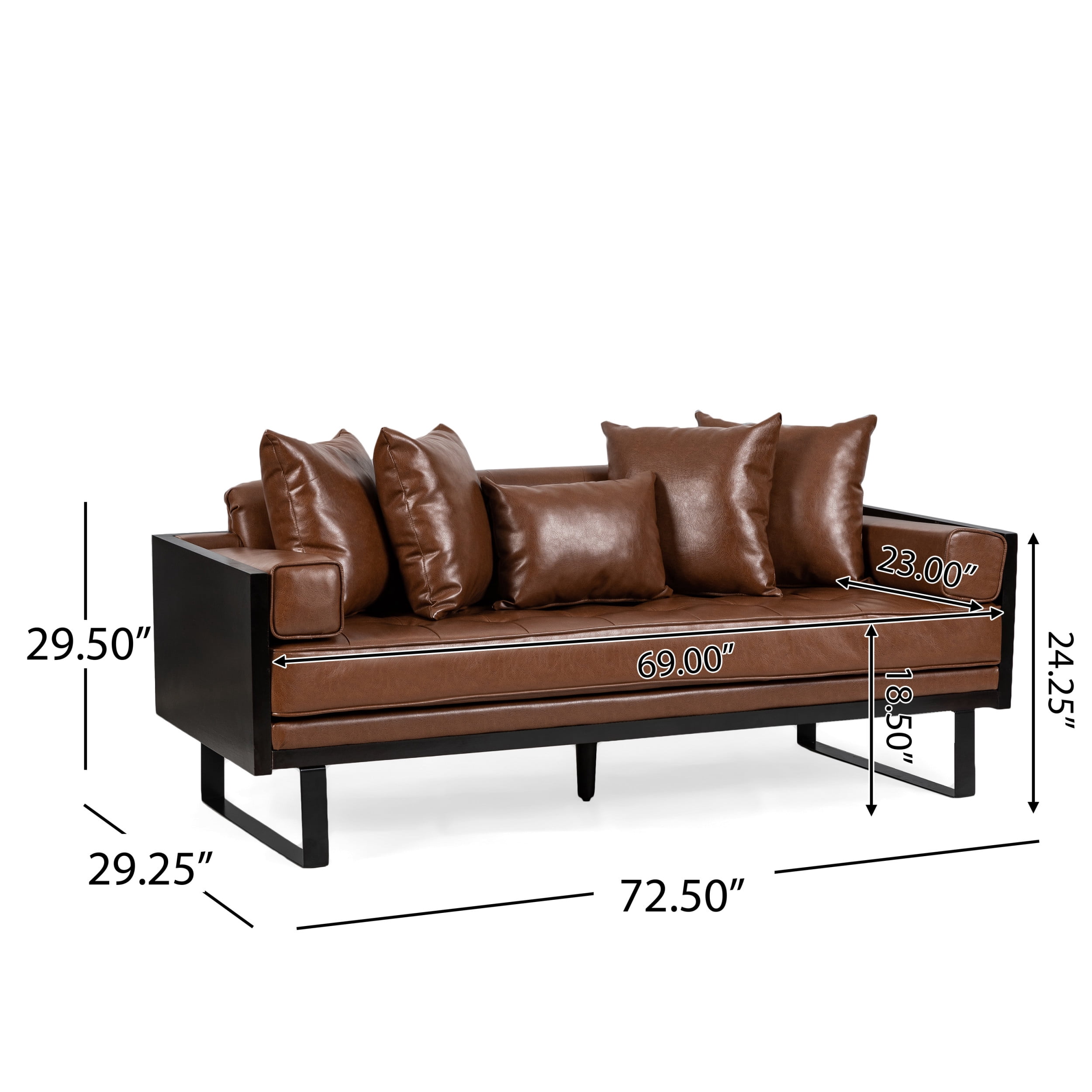 Noble House Gould Faux Leather Upholstered Oversized Loveseat with Accent Pillows, Cognac Brown and Black