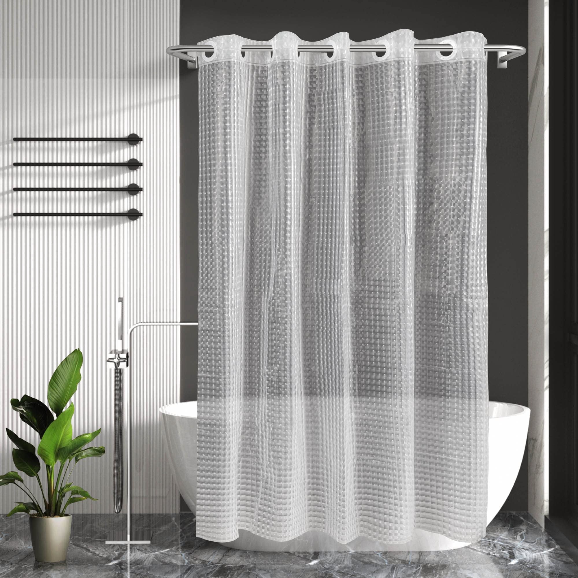 No Hook Shower Curtain Or Liner - 8g Heavy Duty Grid Bathroom Hooks Required  Waterproof Plastic & Pvc Free Standard Size 71 X 74 Square