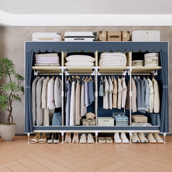 Portable Closet Organizer and Storage with 4 Hanging Rods for Hanging Clothes, 4 Wardrobe Closet Storage Shelves for Bedroom, Easy to Assemble