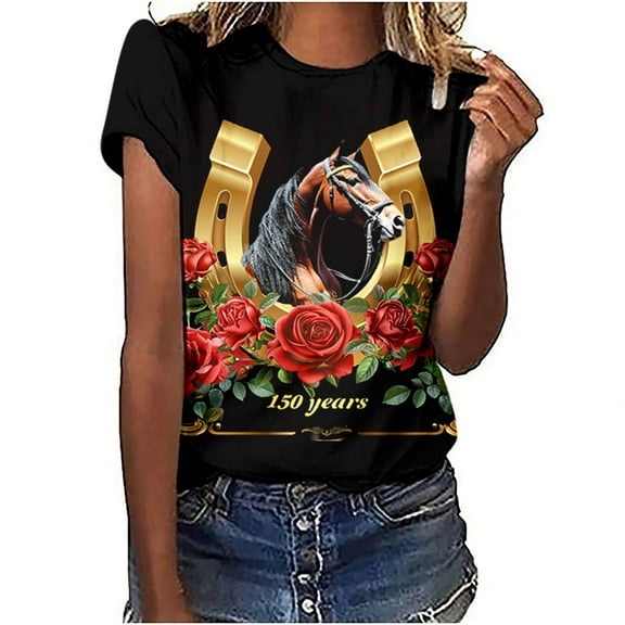 Aboser Horse Racing T Shirts for Women Plus Size Summer Tshirts Trendy Race Horse Graphic Tees Casual Short Sleeve T-Shirt Loose Fit Tops