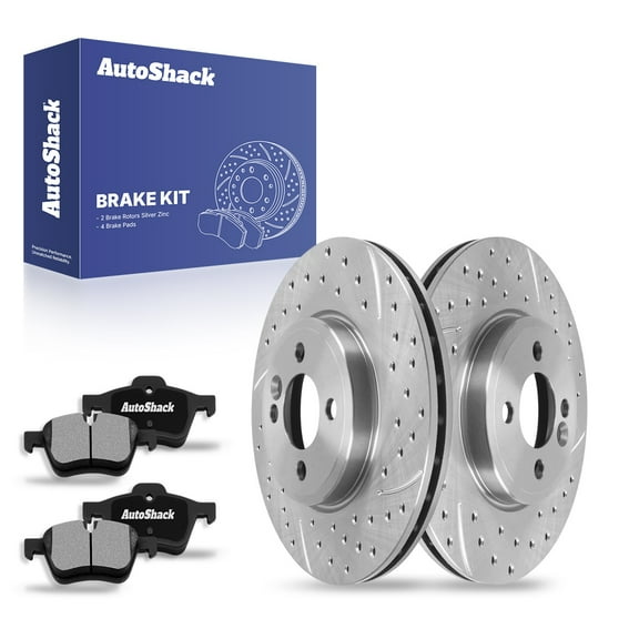 AutoShack 11.57" (294 mm) Front Vented Drilled & Slotted Brake Rotors Coated   Ceramic Brake Pads | Replacement for 2007-2014 Mini Cooper | Silver Zinc Coated | 6-PC Brake Kit | SilverShield Pro