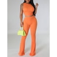 thumbnail image 2 of xiaxaixu Women 2 Piece Outfits Solid Color Ribbed Cropped Tank Tops and Elastic Flared Pants Set Streetwear Aesthetic Clothes, 2 of 7