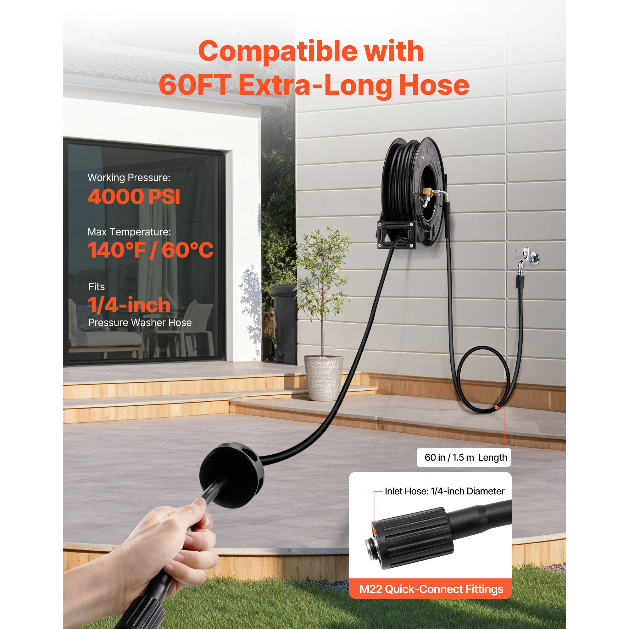 KFFKFF Pressure Washer Hose Reel, 60 ft x 1/4 inch Retractable Steel Reel for Power Washing, 4000 PSI Max, Auto-Rewind, Wall or Floor Mount for Vehicle, Garden, and Surface Cleaning