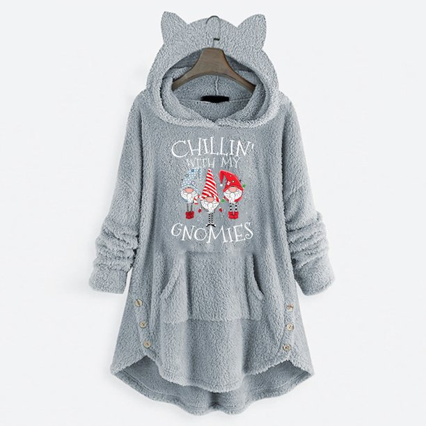 Pntutb Mujer Casual Navidad Impresión Botones De Felpa Manga Larga Con Capucha Abrigo De Felpa Top Pntutb Pntutb-1045
