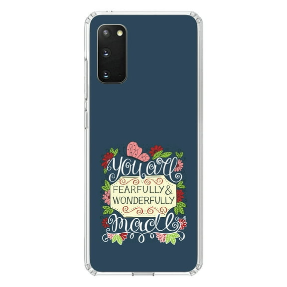 DistinctInk Clear Shockproof Hybrid Case for Galaxy S20 PLUS / 5G (6.7" Screen) - TPU Bumper, Acrylic Back, Tempered Glass Screen Protector - You Are Fearfully & WonDefully Made