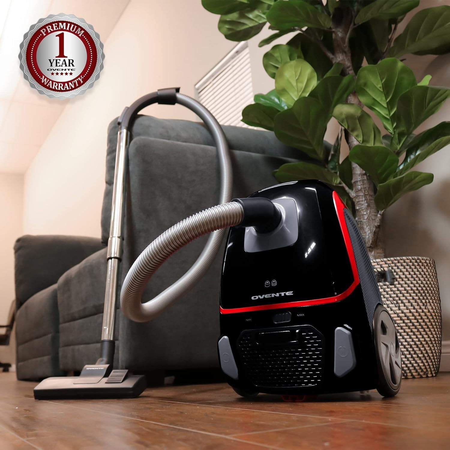 OVENTE Canister Upright Vacuum Cleaner with 1400W Powerful Suction, Telescoping Wand and Automatic Cord Rewind, Lightweight Cleaning Machine for Hard Floors and Carpets, Black ST1600B