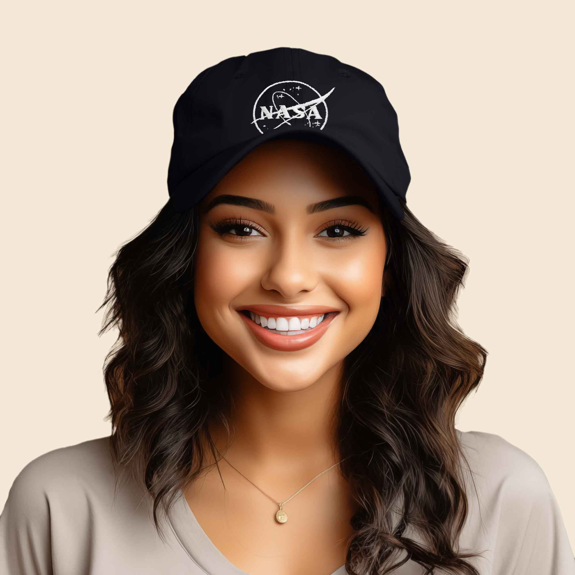 Dalix NASA White Meatball Embroidered Mens Womens Cotton Dad Hat Baseball Cap Adjustable in Black